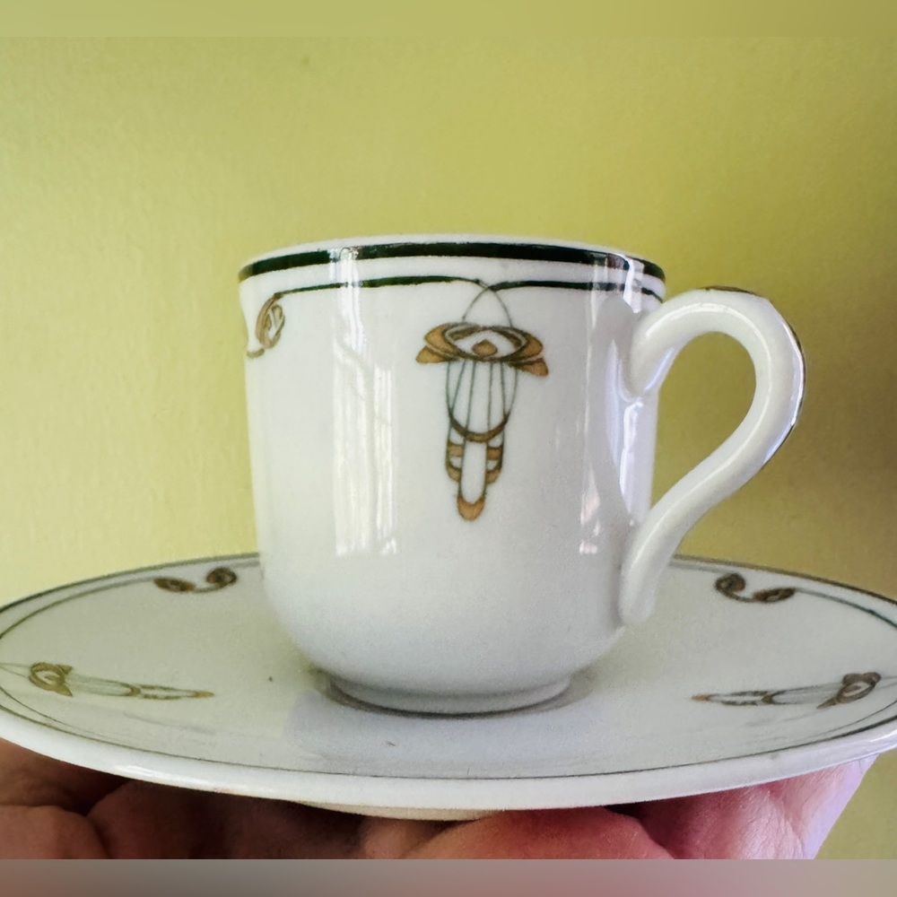 Vintage Syracuse China Demitasse cup saucer set, rare art nouveau deco pattern